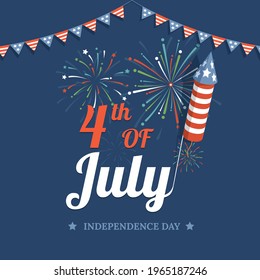 Happy Independence Day of United States of America vector flat poster design. 4th of July in USA flyer template with fireworks, garlands and American flags for holiday celebrating.