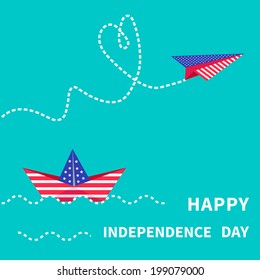 Happy independence day United states of America. 4th of July. Paper boat and paperplane. Dash line. Vector illustration