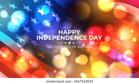 Happy Independence Day. United States 4th of July festive banner with bright bokeh lights and waving American flag. Holiday firework. Vector illustration.