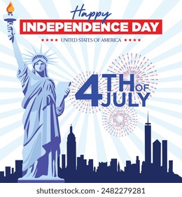 Happy Independence Day United States of America 4th of July greeting card layout design. Statue of Liberty symbol of hope with silhouette of New York city and fireworks in the background.