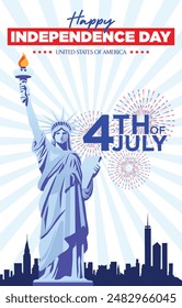 Happy Independence Day USA 4. Juli. Plakat, Flyer Layout Design. Freiheitssymbol mit Silhouette der Neuen Stadt York und Feuerwerk im Hintergrund.