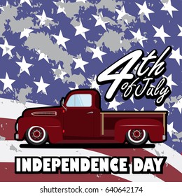 Happy Independence Day United States Of America, July 4 Card With A Flat Flat Design Car