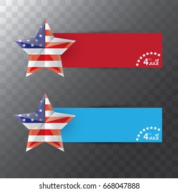 Happy independence day United States of America label collection.  American Flag star shape with paper banners set isolated on transparent background. USA 4 jule holiday vector background