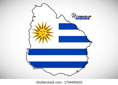 Happy independence day of Uruguay. Classic national country map with Uruguay flag vector illustration