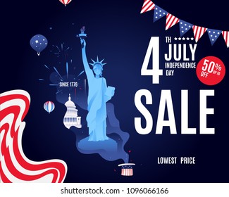 Happy Independence Day of the USA. 4th of July poster  on blue background. Vector template for sale banner.  American national day on USA flag and firework, flat modern vector illustration
