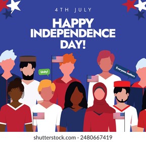 Happy Independence day USA 4th July. USA independence day celebration banner with people of different ethnic, religion celebrating the day. 4th July conceptual banner, post. 