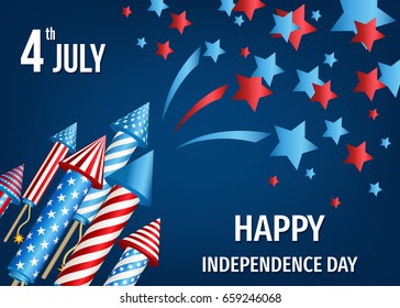 Happy  Independence Day of the USA. 4th of July  poster  with  pyrotechnic  firework  rockets. Vector  template  for sale banner,  flyer or party invitation  design.

