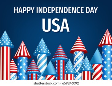 Happy  Independence  Day of the USA. 4th of  July  poster  with  firework  rockets  on blue background. Vector  template  for  sale  banner , discount flyer or party invitation  design.