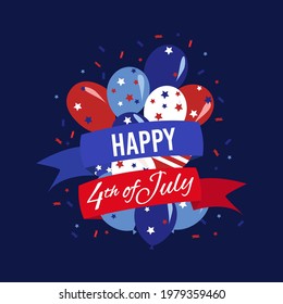 Happy Independence day USA background with american balloons flag colors. 4th of July design with balloons and confetti on blue background. Fourth of july vector illustration design template.