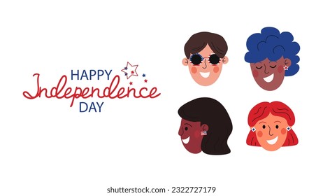 Happy Independence day USA background with smiling diverse American people heads and handwritten typography. 4th July. Doodle vector illustration isolated on white backdrop