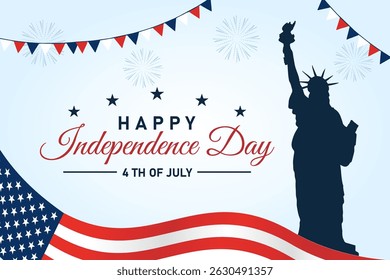 Happy Independence Day USA background with United States flag and Statue of Liberty. 4th of July banner, greeting card. Vector illustration.