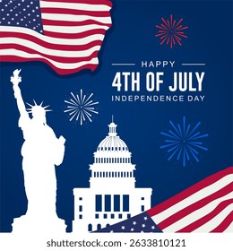 Happy Independence Day USA background with silhouettes of historical landmarks and united states flag. 4th of July banner, greeting card.