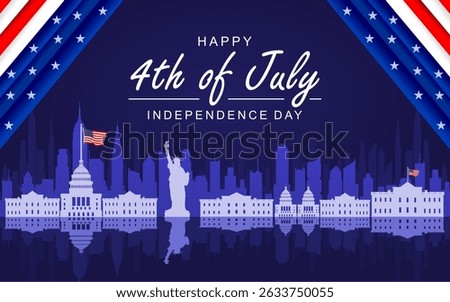 Happy Independence Day USA background with silhouette of skylines and historical landmarks and united states flag. 4th of july banner, greeting card.