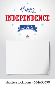 Happy Independence Day USA banner template. United States national holiday Fourth of July greetings, celebrating invitation with star in flag colors and clean piece of paper for writing. Vector image.