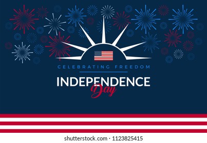 Happy Independence Day USA Blue Background With The United States Flag, 4th Of July Fireworks - Vector Illustration For July Fourth Banner, Greeting Card