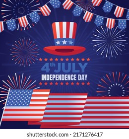 Happy Independence Day USA blue background with the United States flag, 4th of July fireworks vector illustration for July Fourth banner, greeting card