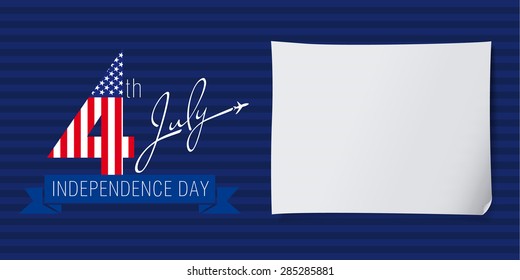 Happy Independence Day USA creative banner. Isolated abstract graphic design template. Red, blue, white colors. Sheet of paper. Decorative colorful congrats. Airshow logotype concept. Flag background.