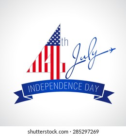 Happy Independence Day USA creative banner. Isolated abstract graphic design template. Red, blue, white colors. Calligraphic lettering. Decorative logotype concept, colorful congrats. Flag background.