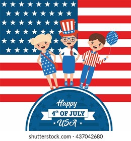 Happy independence day in USA. Funny teenagers on american flag background. Cartoon illustration in the bright colors of 4th July. People with balloons and wearing hat on a circle with typography.