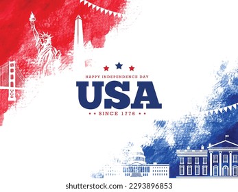 Happy independence day USA greeting banner background with red and blue grunge brushstroke. Vector illustration.