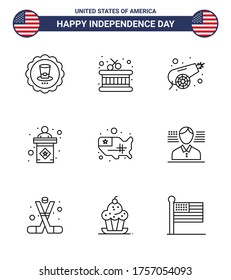 Happy Independence Day USA Pack Of 9 Creative Lines Of United; Map; Canon; Sign; Election Editable USA Day Vector Design Elements