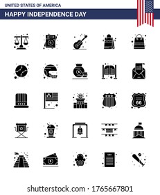 Happy Independence Day USA Pack of 25 Creative Solid Glyph of money; american; guiter; usa; bag Editable USA Day Vector Design Elements