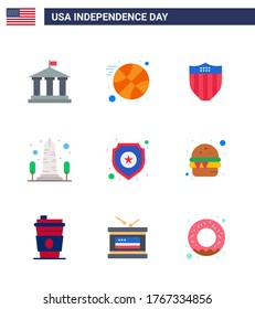 Happy Independence Day USA Pack of 9 Creative Flats of police; washington; shield; usa; monument Editable USA Day Vector Design Elements