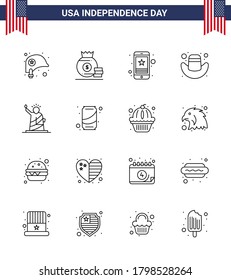 Happy Independence Day USA Pack of 16 Creative Lines of liberty; hat; cell; cap; phone Editable USA Day Vector Design Elements