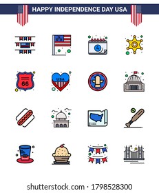 Happy Independence Day USA Pack of 16 Creative Flat Filled Lines of sign; security; calendar; police sign; police Editable USA Day Vector Design Elements