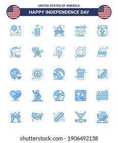 Happy Independence Day USA Pack of 25 Creative Blues of sheild; law; building; justice; white Editable USA Day Vector Design Elements