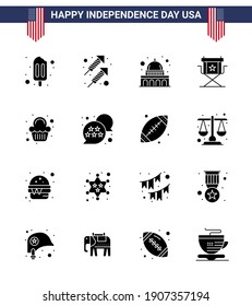 Happy Independence Day USA Pack of 16 Creative Solid Glyphs of party; television; madison; star; director Editable USA Day Vector Design Elements