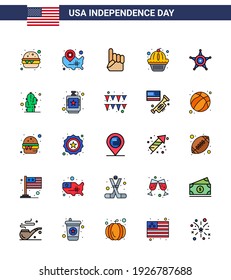 Happy Independence Day USA Pack of 25 Creative Flat Filled Lines of police; cake; foam hand; states; american Editable USA Day Vector Design Elements
