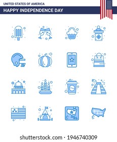 Happy Independence Day USA Pack of 16 Creative Blues of american; football; sweet; american; stage Editable USA Day Vector Design Elements