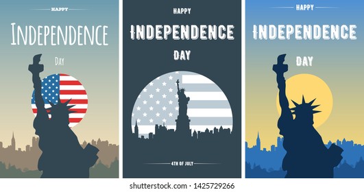 Happy Independence Day USA set cards. Modern banners or flyers with silhouette of the Statue of Liberty and city skyline. Template background for American holidays. Ocean view of New-York city.
