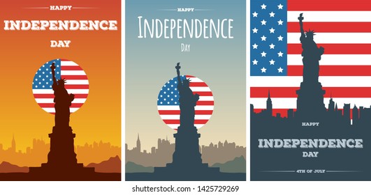Happy Independence Day USA set cards. Modern banners or flyers with silhouette of the Statue of Liberty and city skyline. Template background for American holidays. Ocean view of New-York city.