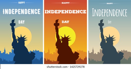 Happy Independence Day USA set cards. Modern banners or flyers with silhouette of the Statue of Liberty and city skyline. Template background for American holidays. Ocean view of New-York city.