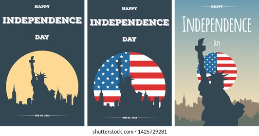 Happy Independence Day USA set cards. Modern banners or flyers with silhouette of the Statue of Liberty and city skyline. Template background for American holidays. Ocean view of New-York city.