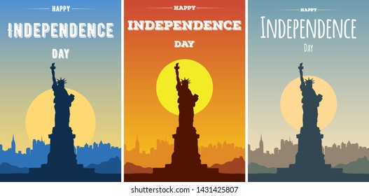 Happy Independence Day USA set cards. Modern banners or flyers with silhouette of the Statue of Liberty and city skyline. Template background for American holidays. Ocean view of New-York city.