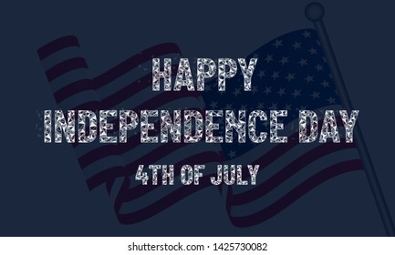 Happy Independence Day USA, text in a low poly design, American flag, dark symbolic festive background, greeting card illustration
