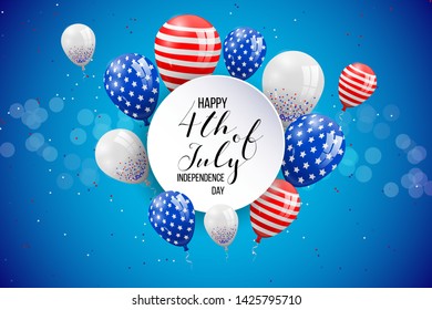 Happy independence day of USA (United States of America) 4 Fourth of July celebration banner, greeting card design with balloons, fireworks,confetti, ribbon. USA freedom background. USA. Liberty.