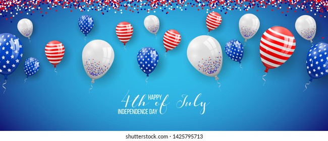 Happy independence day of USA (United States of America) 4 Fourth of July celebration banner, greeting card design with balloons, fireworks,confetti, ribbon. USA freedom background. USA. Liberty.