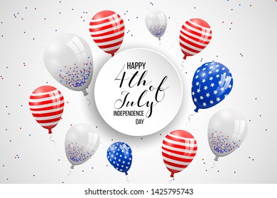 Happy independence day of USA (United States of America) 4 Fourth of July celebration banner, greeting card design with balloons, fireworks,confetti, ribbon. USA freedom background. USA. Liberty.