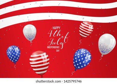 Happy independence day of USA (United States of America) 4 Fourth of July celebration banner, greeting card design with balloons, fireworks,confetti, ribbon. USA freedom background. USA. Liberty.