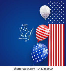 Happy independence day of USA (United States of America) 4 Fourth of July celebration banner, greeting card design with balloons, fireworks,confetti, ribbon. USA freedom background. USA. Liberty.