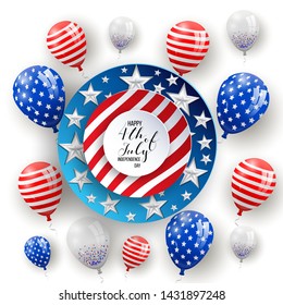 Happy independence day of USA (United States of America) 4 Fourth of July celebration banner, greeting card design with balloons, fireworks,confetti, ribbon. USA freedom background. USA. Liberty.