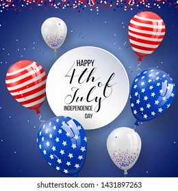 Happy independence day of USA (United States of America) 4 Fourth of July celebration banner, greeting card design with balloons, fireworks,confetti, ribbon. USA freedom background. USA. Liberty.