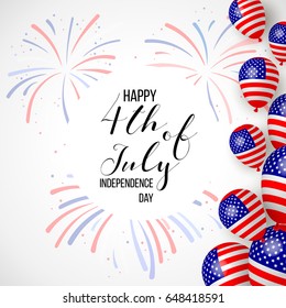 Happy independence day of USA (United States of America) 4 Fourth of July celebration banner, greeting card design with balloons, fireworks,confetti, ribbon. USA freedom background. USA. Liberty.