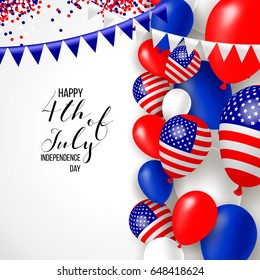 Happy independence day of USA (United States of America) 4 Fourth of July celebration banner, greeting card design with balloons, fireworks,confetti, ribbon. USA freedom background. USA. Liberty. 