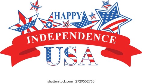 Happy Independence Day USA Vector Banner Patriotic Stars and Stripes Design with Red Ribbon