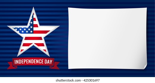 Happy Independence day USA vector background template with star in national flag colors and the sheet of paper. Independence day USA banner star